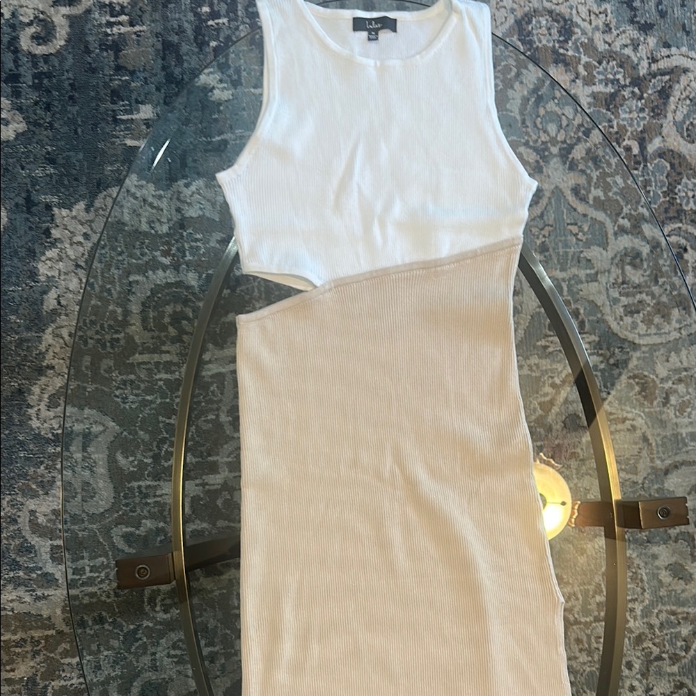 Lulu's Ivory and Beige Ribbed Cutout Midi Dress